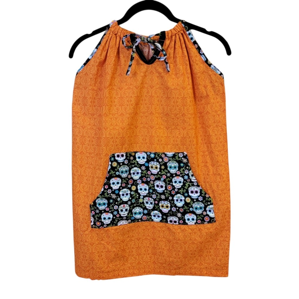 Calabera Sugar Skull Pillowcase Dress Girls 8 Halloween Orange Black Novelty